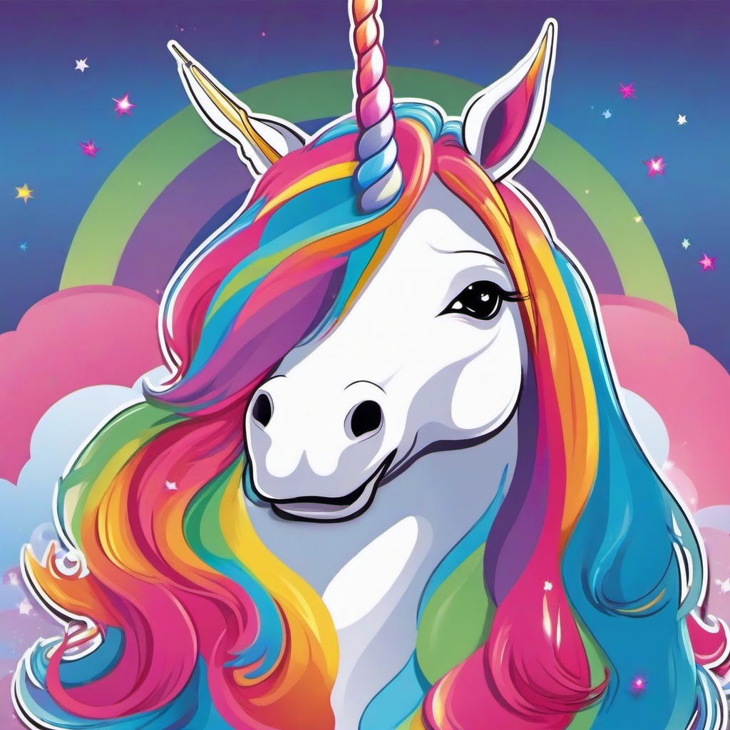 animated unicorn face with rainbow coloured hairs 