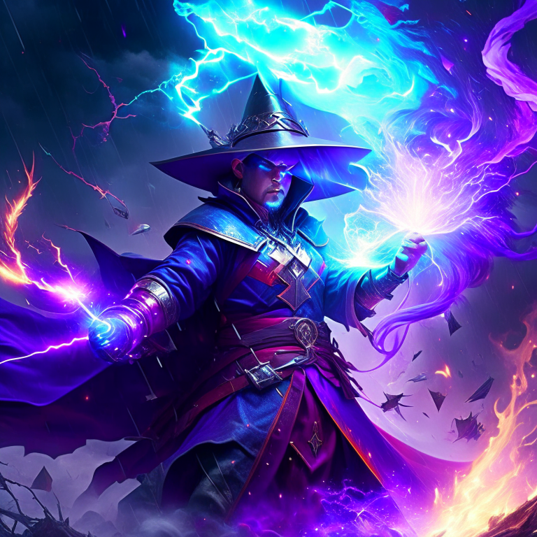 elemental mage conjuring fire and lightning to rain destruction upon enemies. 