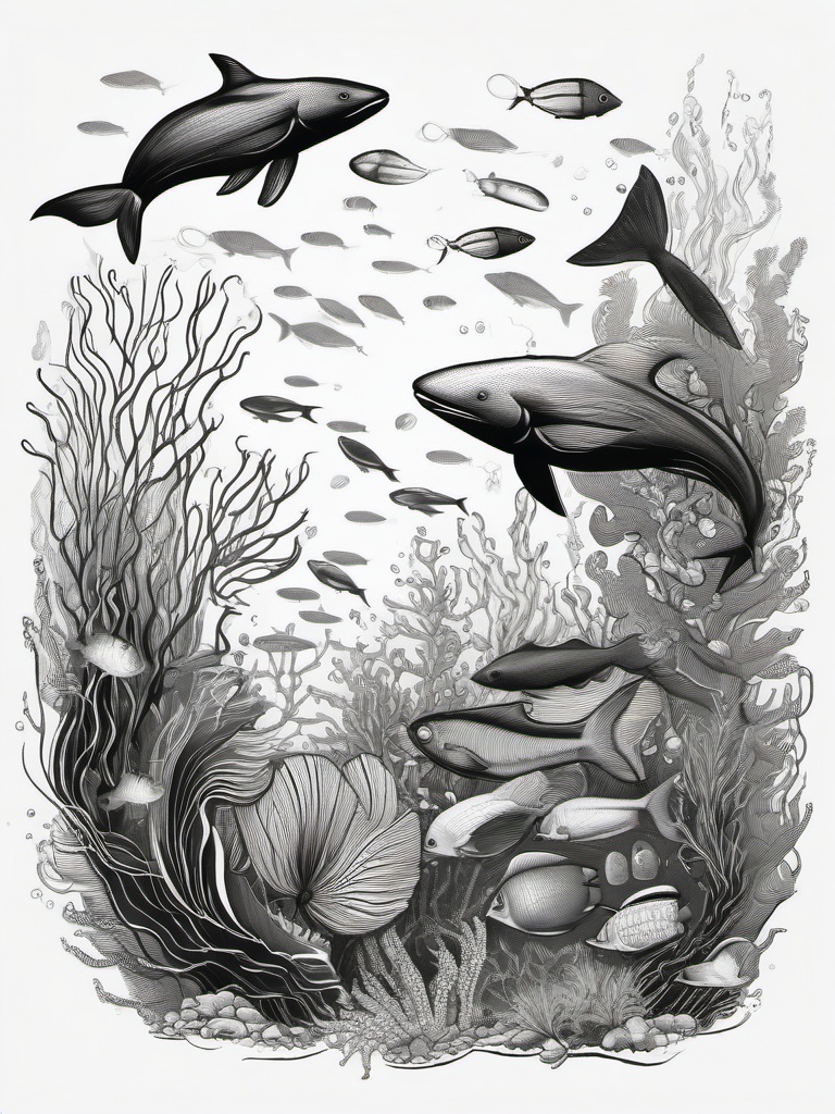 drawing of marine life in the ocean  minimal rough sketch scribbles,doodles,black and white