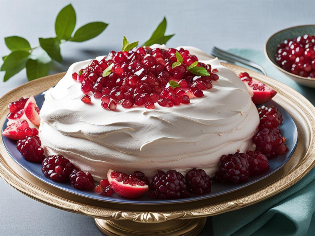 pomegranate pavlova, a fruity meringue dessert, indulged at an elegant garden party. 