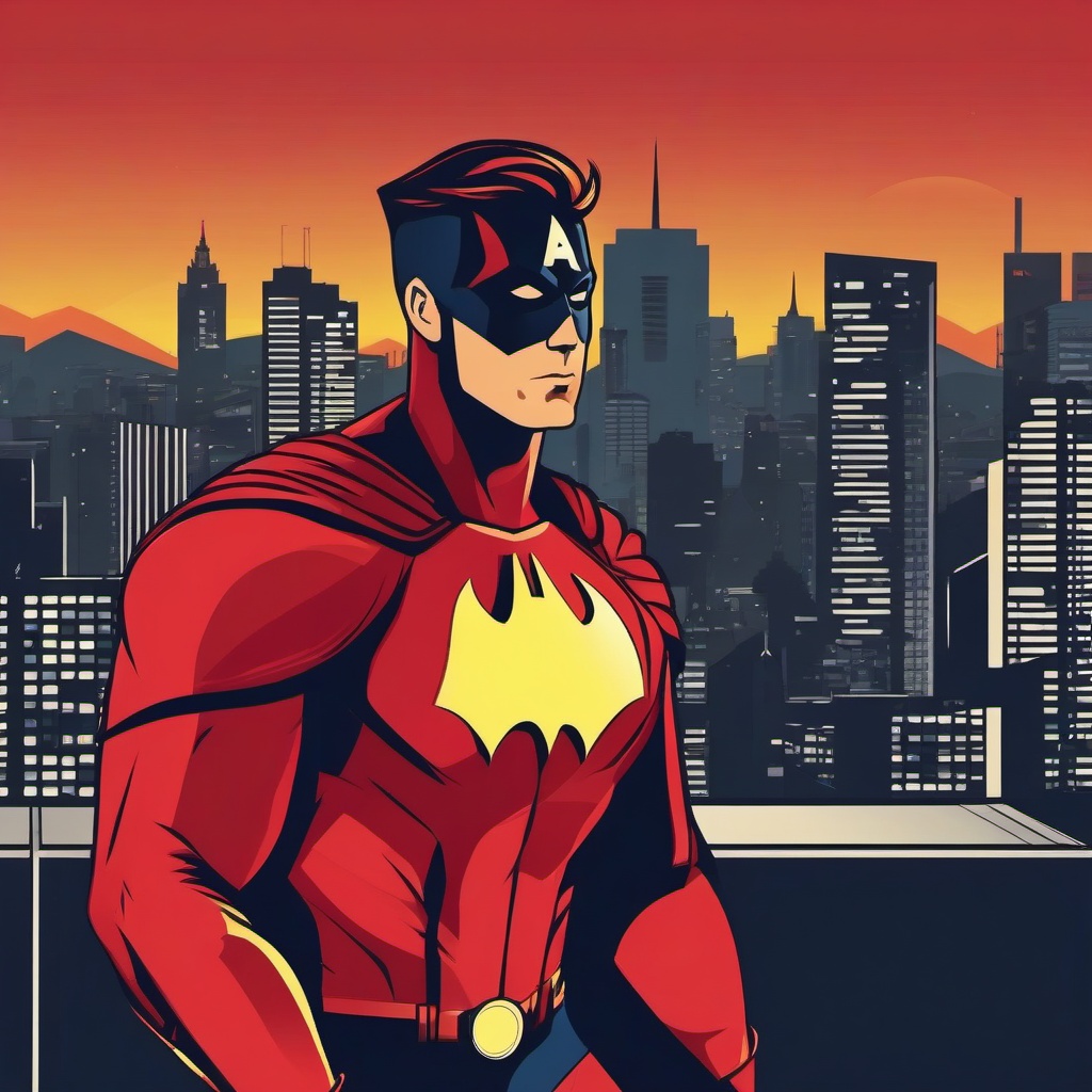 Superhero clipart - superhero on a rooftop looking over the city  color,minimalist,vector clipart