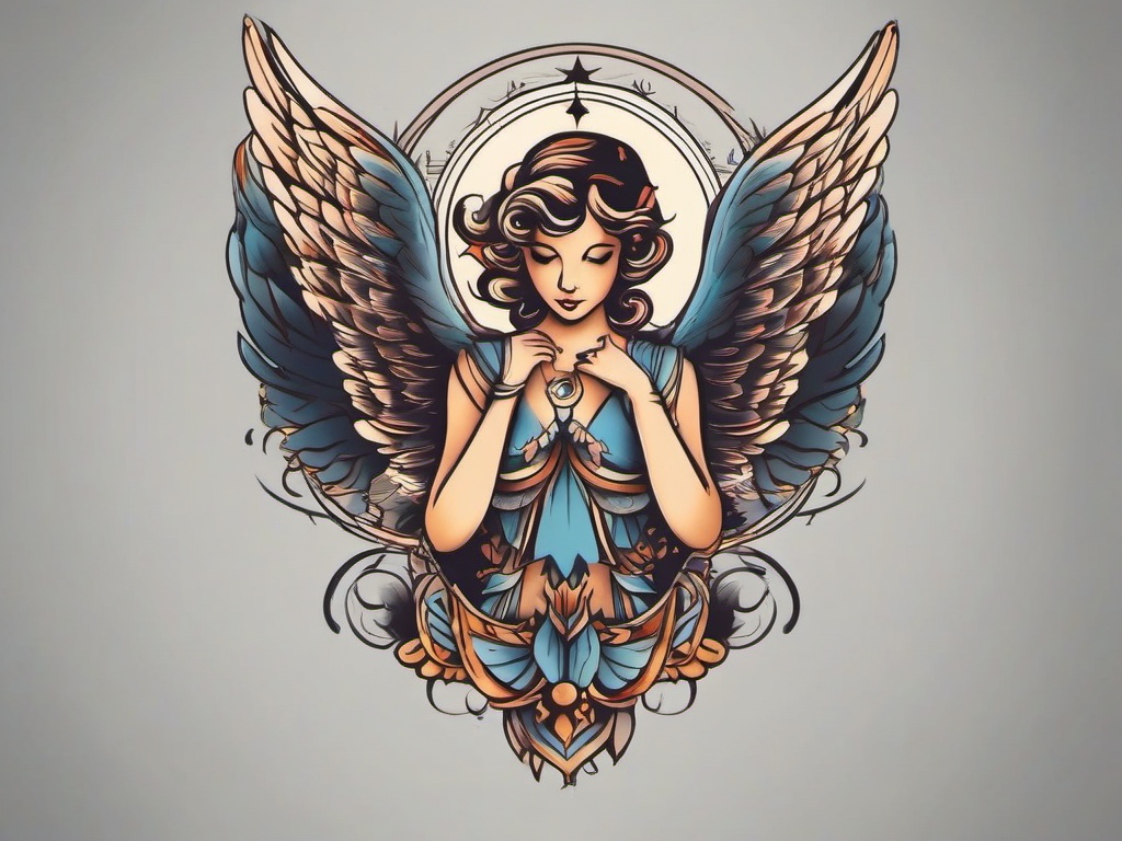 American Traditional Angel Tattoo-Paying homage to classic tattoo art with an American traditional angel tattoo, expressing timeless celestial beauty and artistry.  simple vector color tattoo