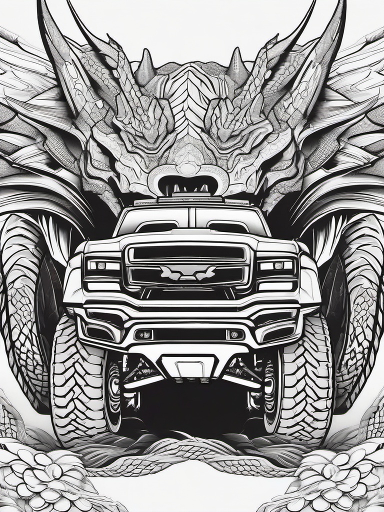 Monster Truck with Dragon Design Coloring Pages - Fierce Trucks with Dragon Graphics  minimal black outline printable sheet, coloring page