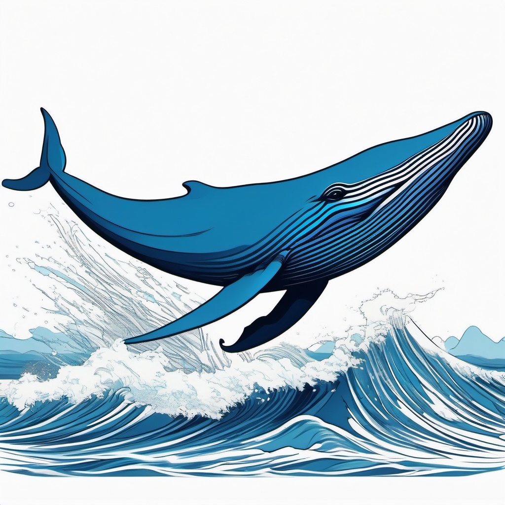 Blue Whale Tattoo - Enormous blue whale breaching from the ocean  few color tattoo design, simple line art, design clean white background