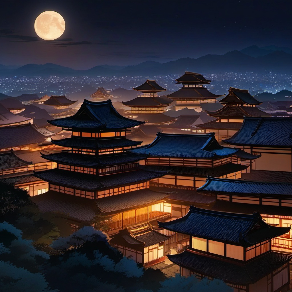 Ancient Japan rooftops at night. anime, wallpaper,