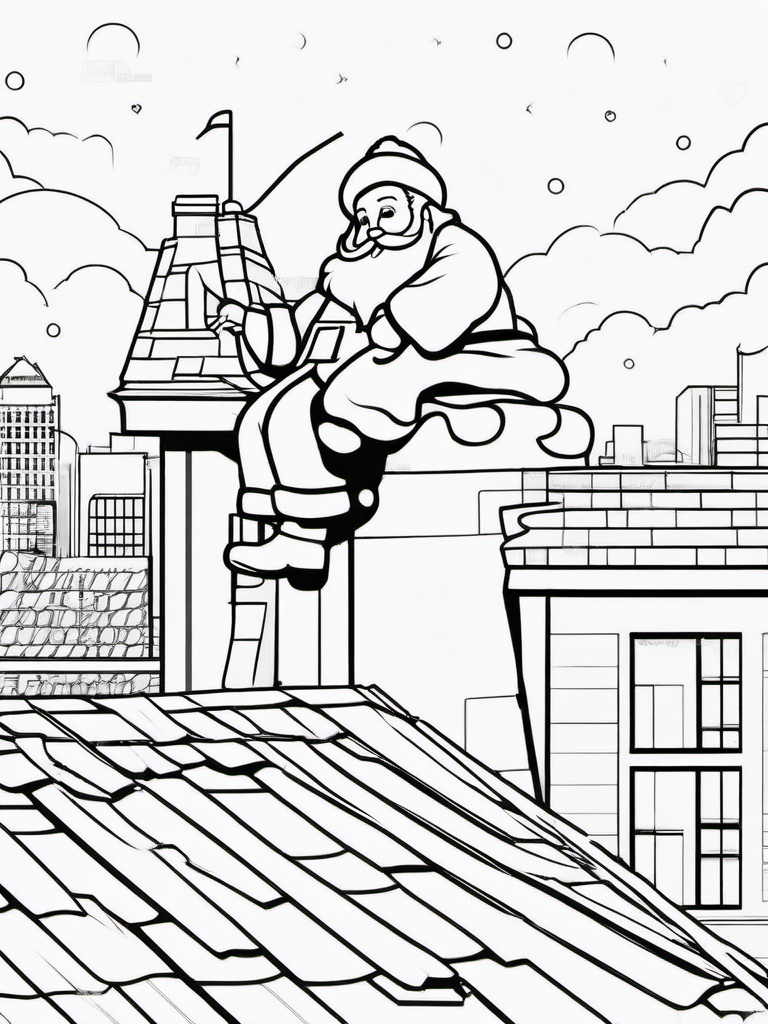 Santa on a Roof Coloring Pages - Delivering Presents on the Rooftop  minimal black outline printable sheet, coloring page