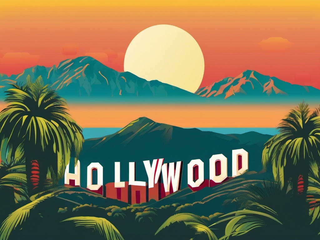 Los Angeles clipart - Hollywood Sign and palm trees in LA,  color vector clipart