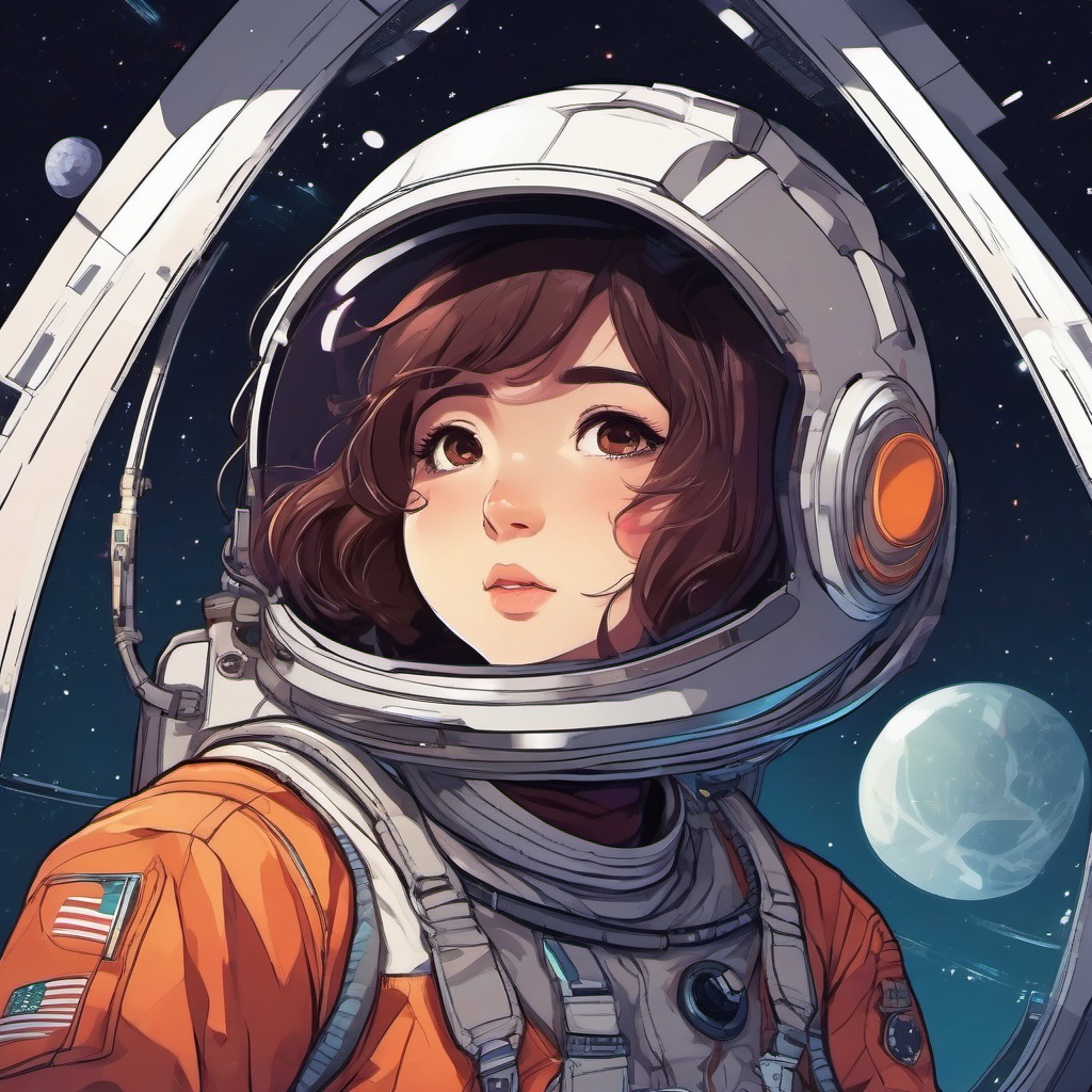 Adventurous astronaut in a space station.  front facing ,centered portrait shot, cute anime color style, pfp, full face visible