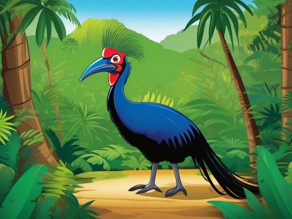 Cassowary Cartoon - Cartoon of cassowary in lush jungle  