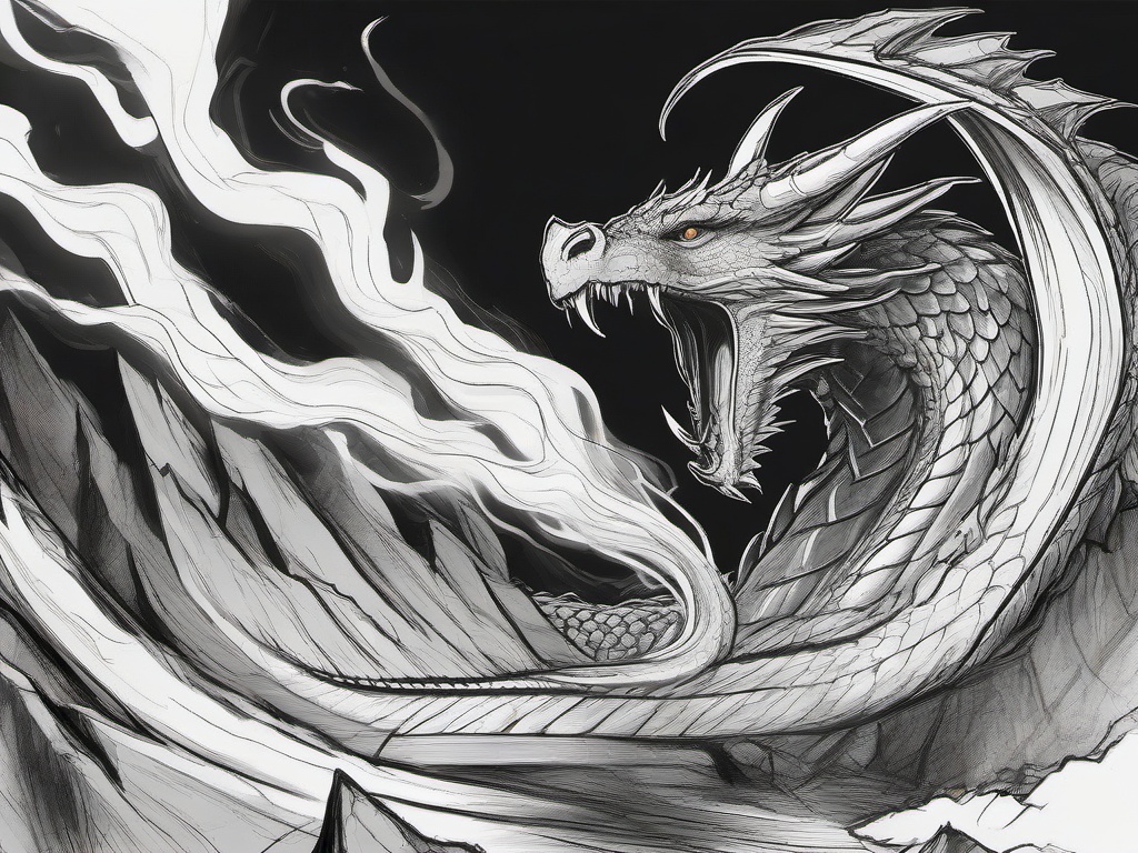 drawing of a dragon's lair with fire  minimal rough sketch scribbles,doodles,black and white