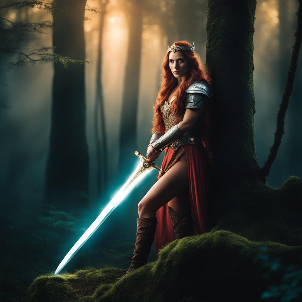 brave warrior princess wielding a glowing sword in a mystical, enchanted forest. 