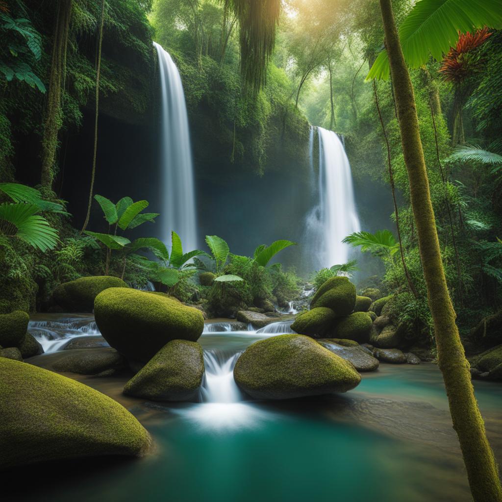 lush rainforest, teeming with vibrant foliage, exotic wildlife, and hidden waterfalls. 