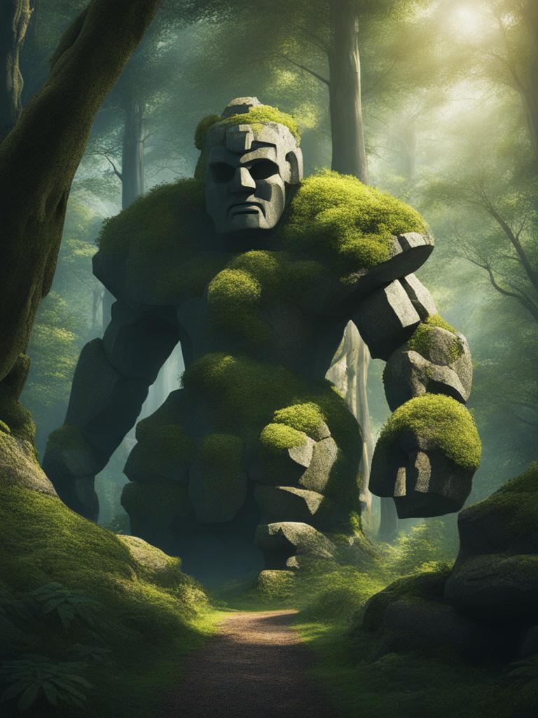 ancient stone golem guarding a hidden treasure deep within a mystical forest. 