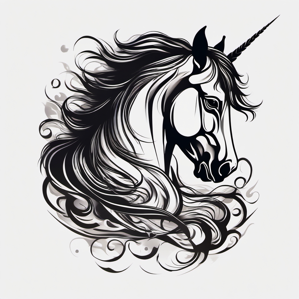 Dark Horse Tattoo-Dark horse silhouette against a backdrop of swirling mystic clouds. Colored tattoo designs, minimalist, white background.  color tattoo style, minimalist, white background