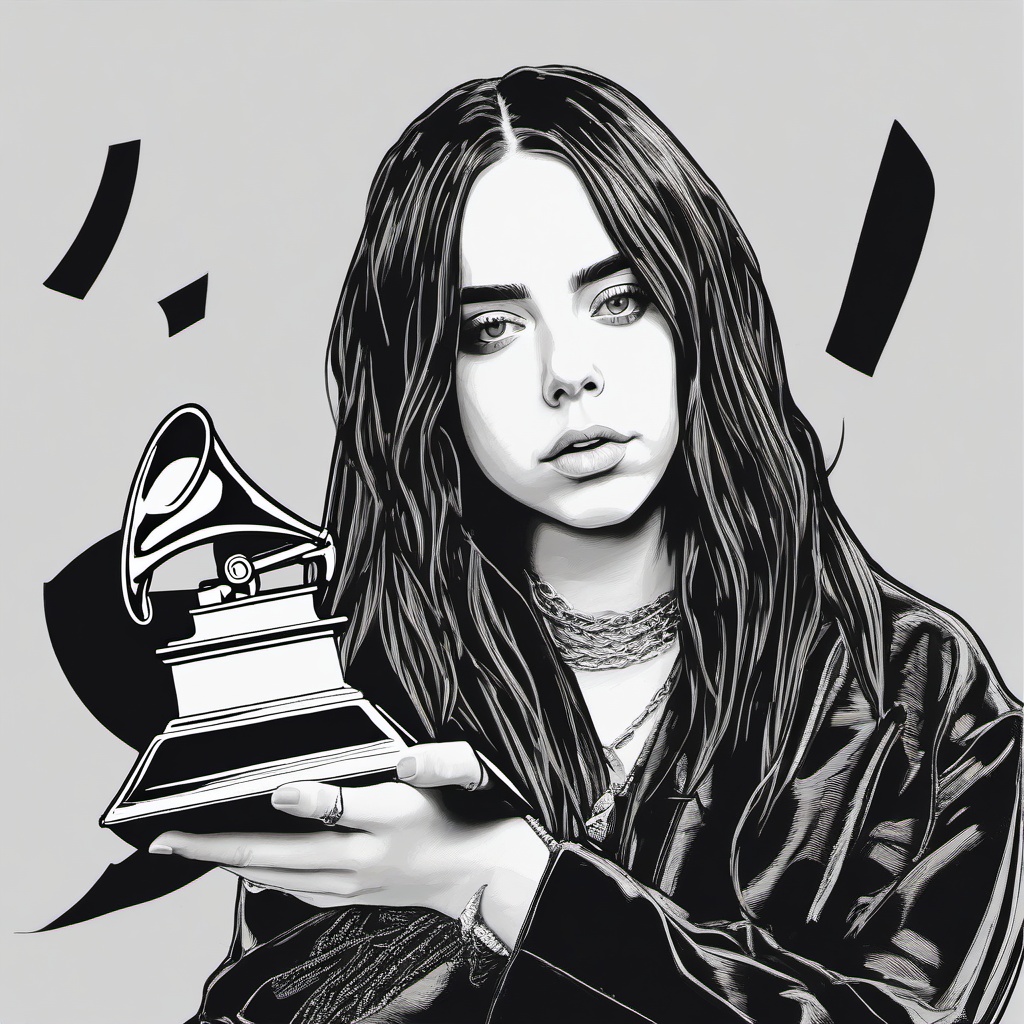 drawing of Billie Eilish holding a Grammy Award  minimal rough sketch scribbles,doodles,black and white