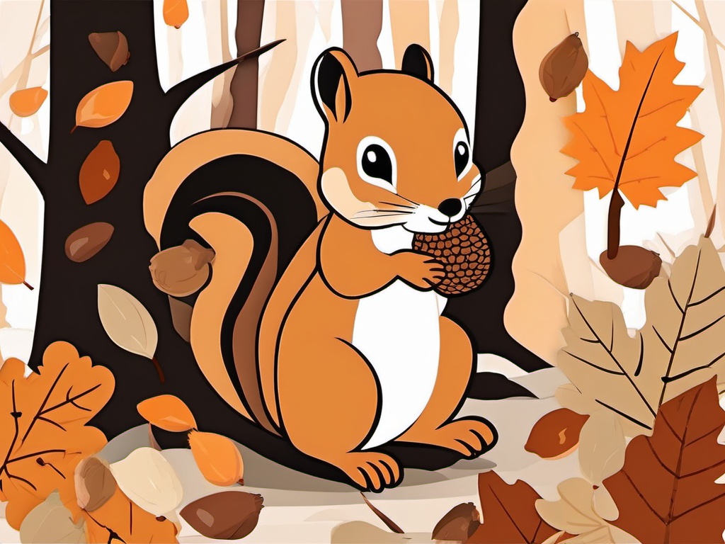 Squirrel Clipart - Squirrel gathering acorns in an autumn forest , minimal, 2d