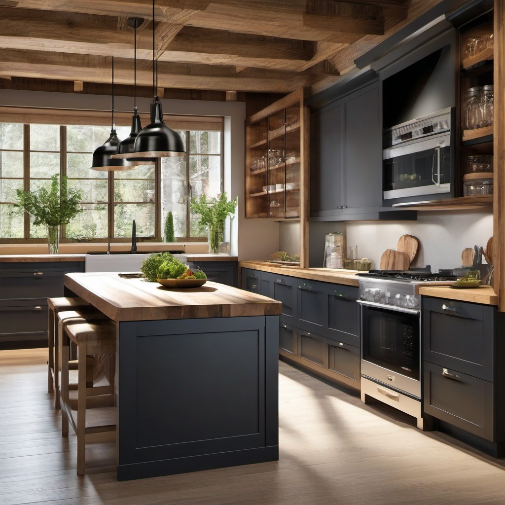 Contemporary Rustic Kitchen - Design a kitchen with a blend of contemporary and rustic elements. , kitchen layout design ideas, multicoloured, photo realistic, hyper detail, high resolution,