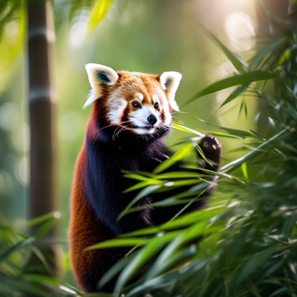 Cute Red Panda Playfully Exploring a Bamboo Grove 8k, cinematic, vivid colors