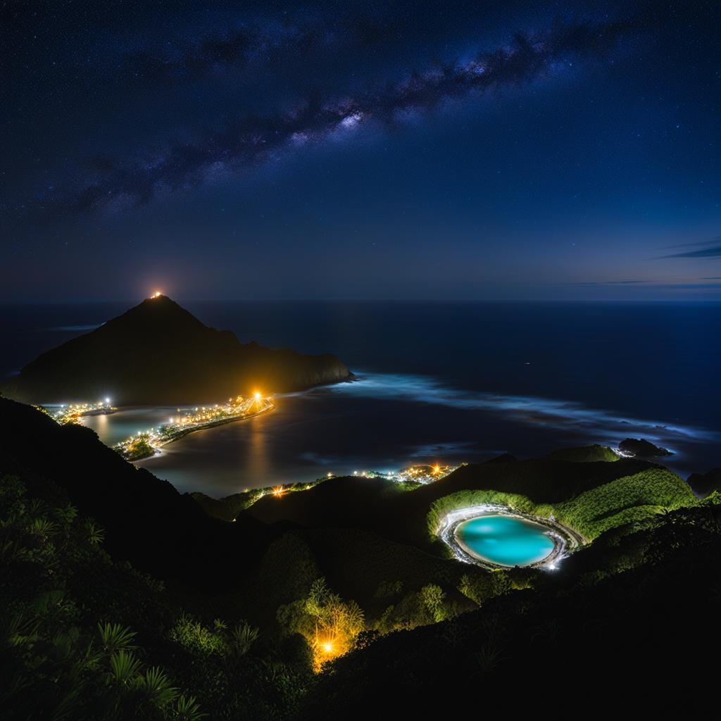 aogashima - craft a remote night scene of aogashima, the volcanic island in the philippine sea, with its hot springs and a sky full of stars. 