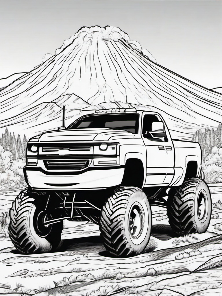 Monster Truck with Volcano Eruption Background Coloring Pages - Trucks in Explosive Scenarios  minimal black outline printable sheet, coloring page