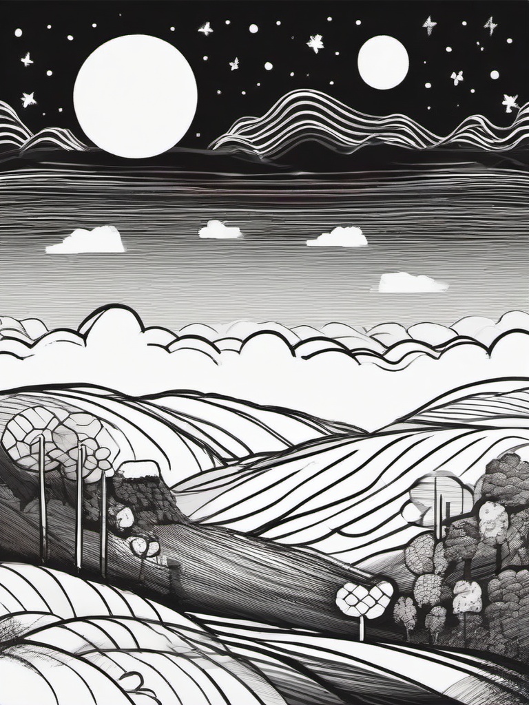 drawing of a candy-themed landscape  minimal rough sketch scribbles,doodles,black and white