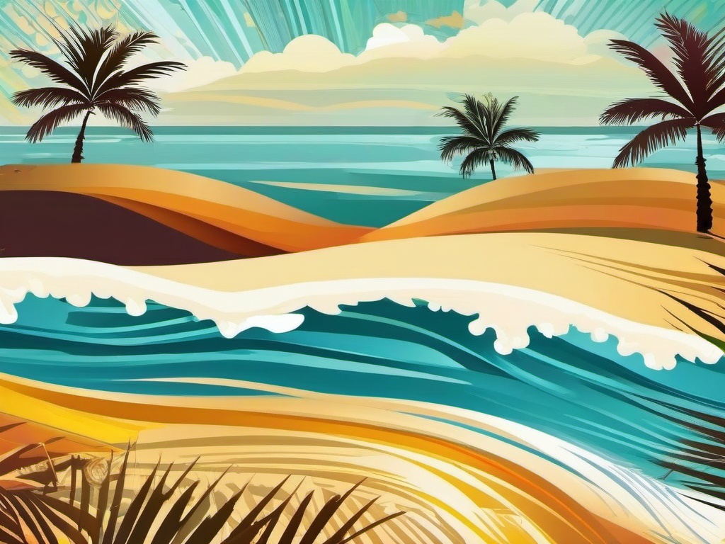 Beach Background - Sandy Beach with Palm Trees wallpaper splash art, vibrant colors, intricate patterns