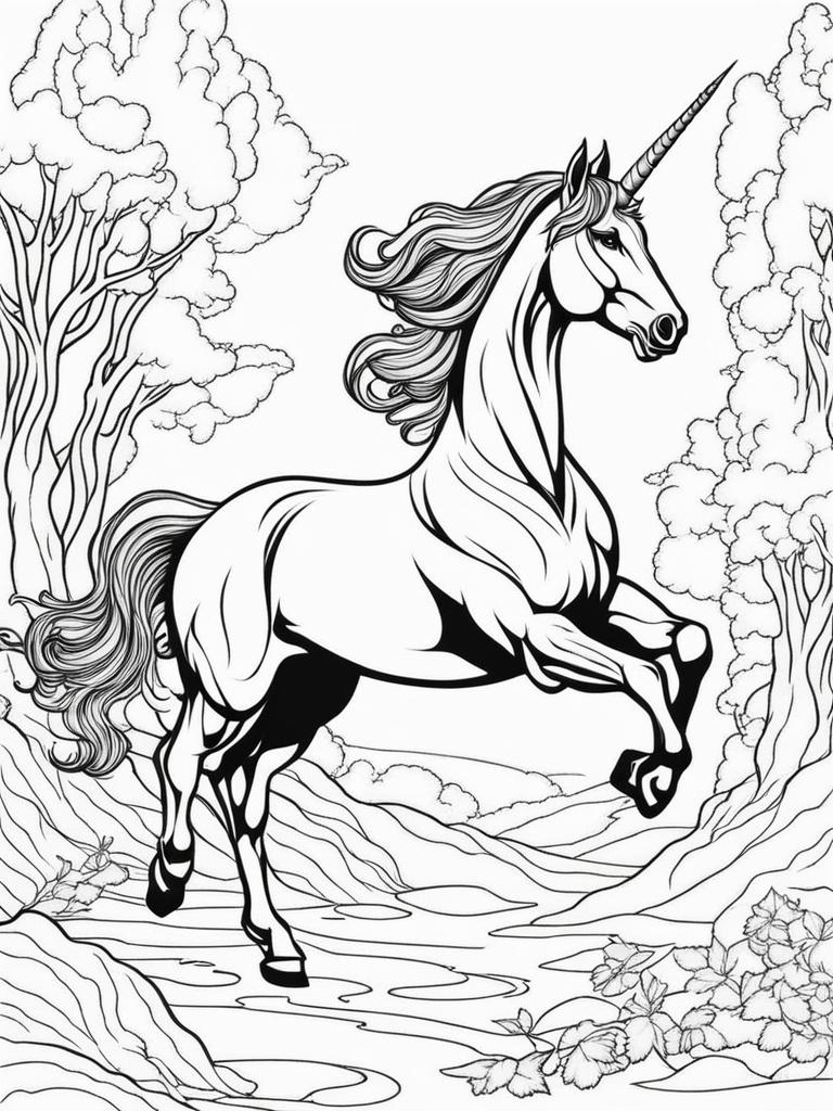 unicorn coloring pages - graceful unicorn dancing among the embers of a dying fire, its movements a mesmerizing spectacle. 