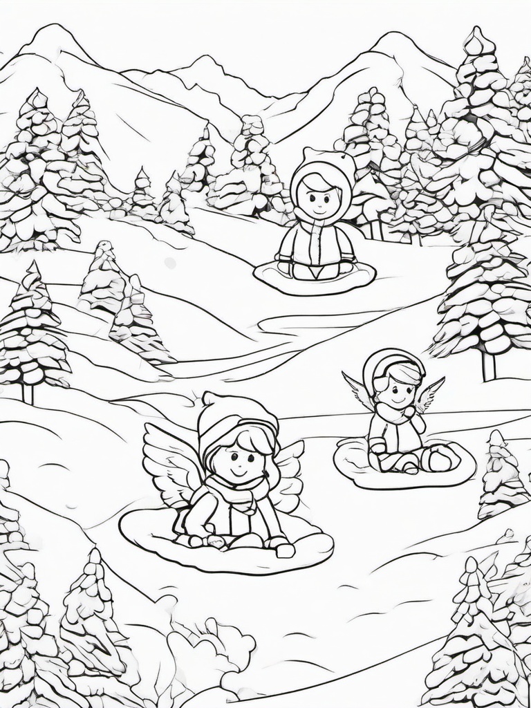 Snow Angel Coloring Pages - Fun Scene of Kids Making Snow Angels  minimal black outline printable sheet, coloring page