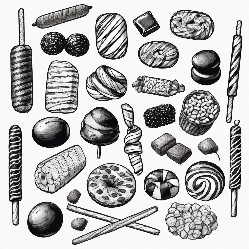 drawing of a candy assortment  minimal rough sketch scribbles,doodles,black and white