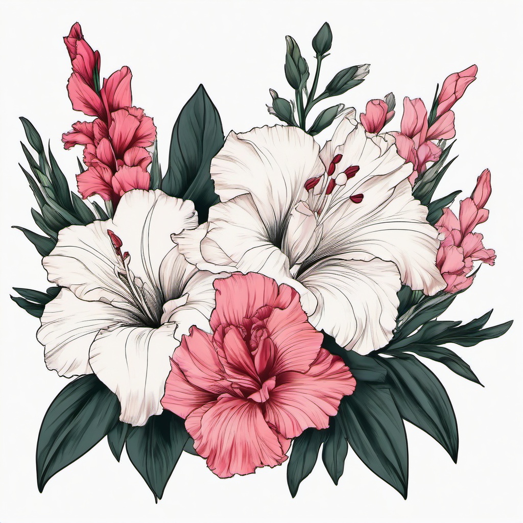 Gladiolus and Carnation Tattoo,Strength and elegance combined in a floral tattoo featuring gladiolus and carnations, a powerful and meaningful choice.  simple color tattoo,minimal vector art,white background