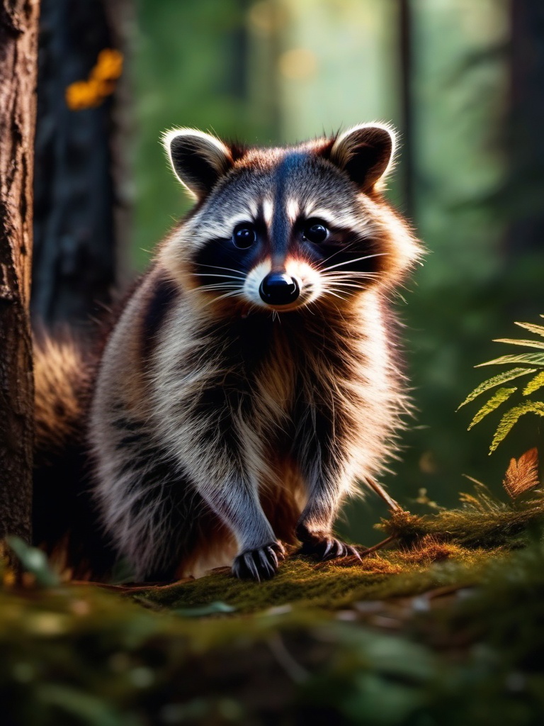 Cute Raccoon foraging in a Forest Hideaway 8k, cinematic, vivid colors