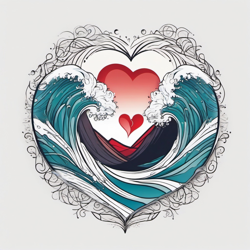 Heart with Wave Tattoo - Symbolize love and the beauty of nature with a heart with wave tattoo.  simple vector color tattoo,minimal,white background