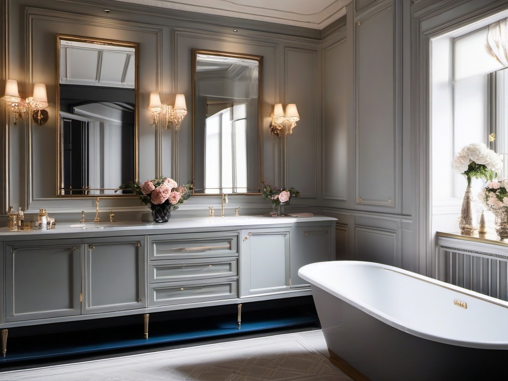 Parisian bathroom captures elegance with chic fixtures, soft colors, and decorative moldings for a refined and stylish touch.  