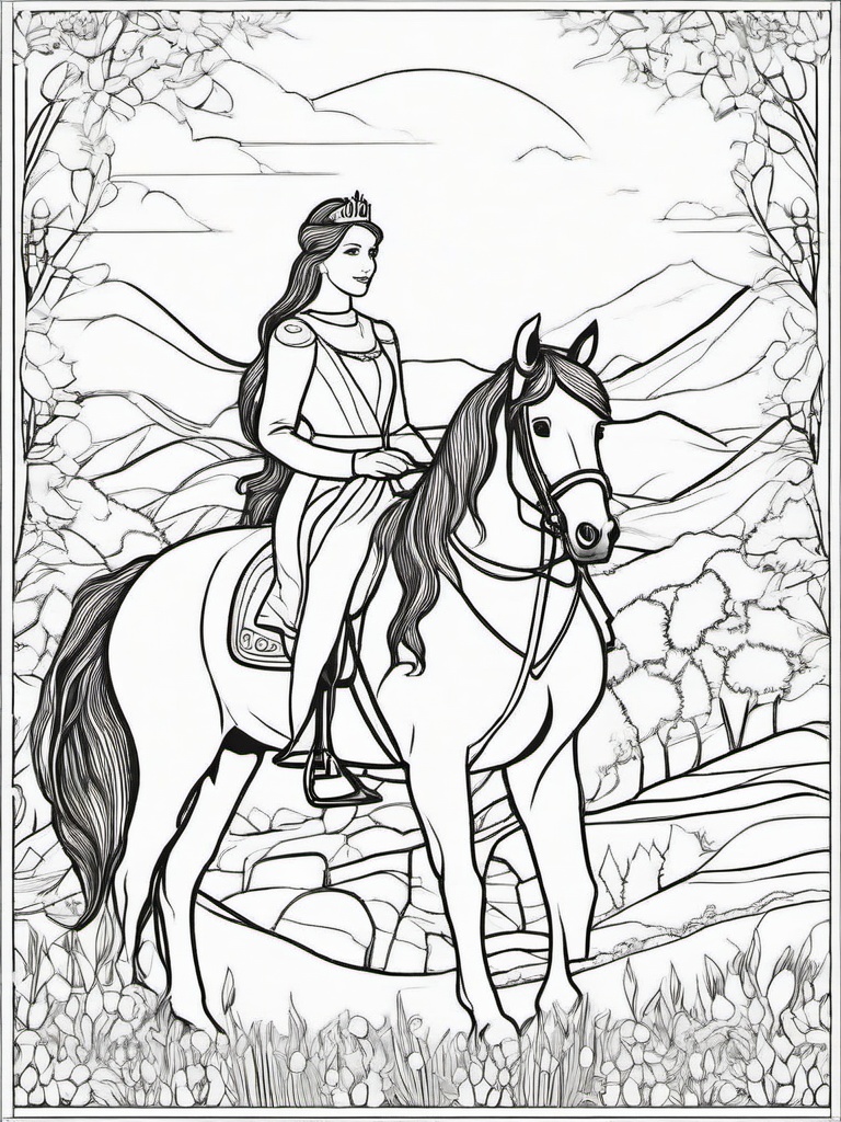 Princess on a Horse Coloring Pages - Majestic Royalty Riding Through Nature  minimal black outline printable sheet, coloring page