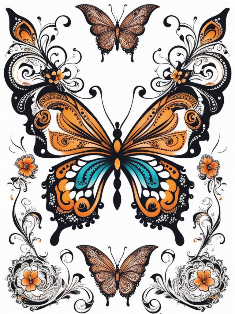 Butterfly henna tattoo, Artistic butterfly tattoos designed in the style of henna.  viviid colors, white background, tattoo design