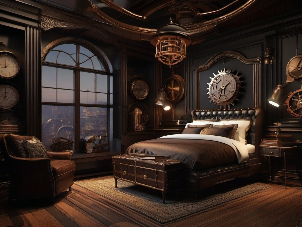 Steampunk bedroom features vintage furnishings, exposed gears, and dark colors that create a unique and creative sleeping space.  