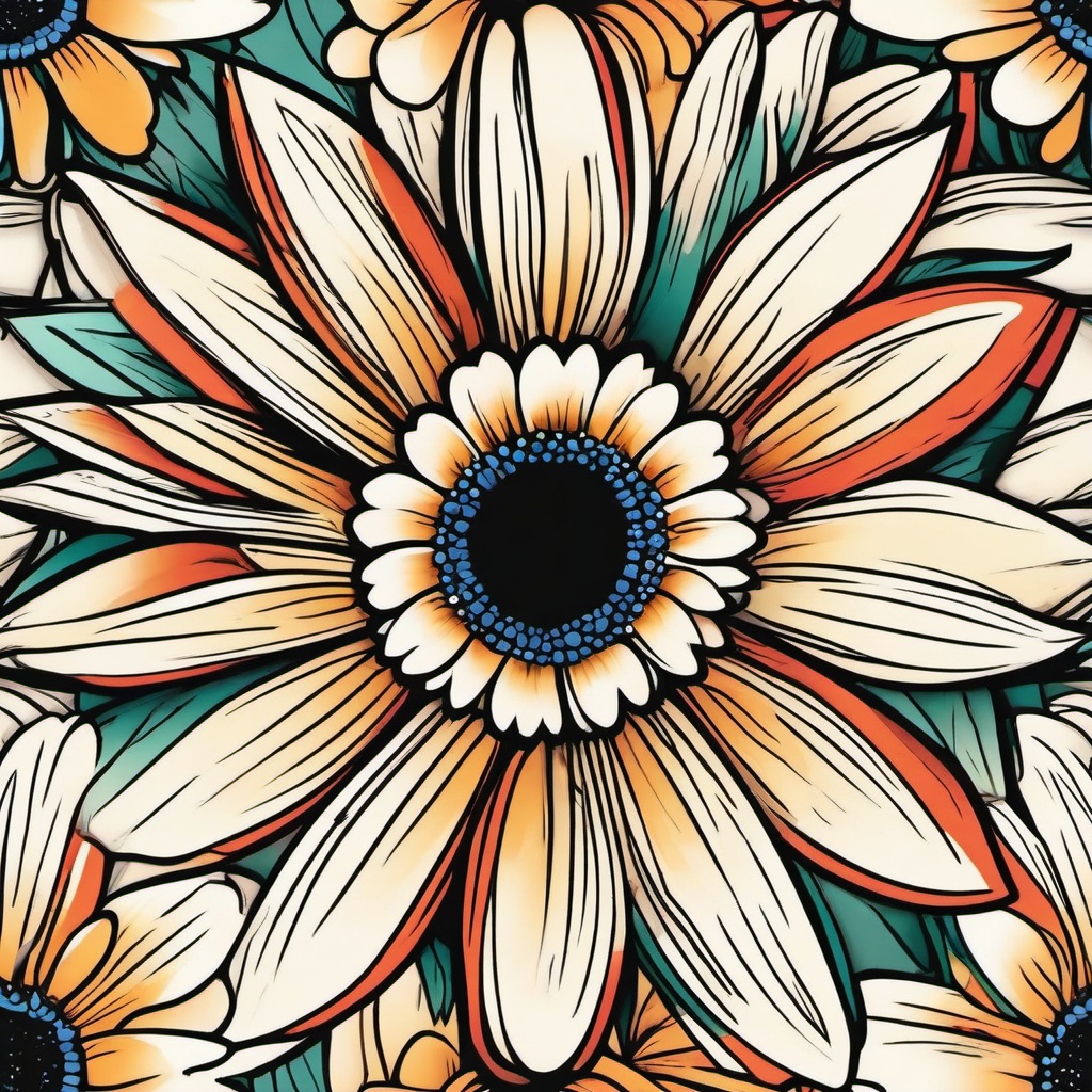 American Traditional Daisy Tattoo-Exploration of classic American traditional style with a daisy tattoo, bold lines and vibrant colors.  simple vector color tattoo