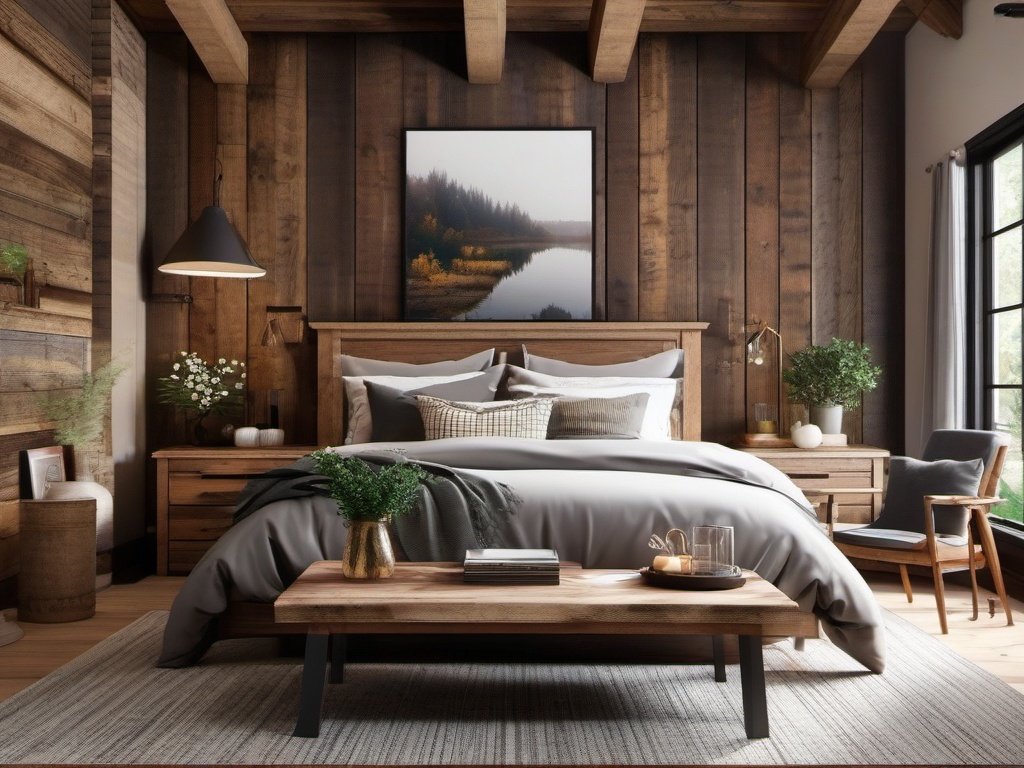 Rustic Farmhouse Retreat - Design a cozy rustic farmhouse bedroom with wood accents. , bedroom interior decor design ideas, multicoloured, photo realistic, hyper detail, high resolution,