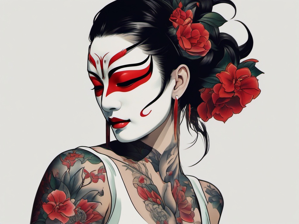 hannya mask woman tattoo  simple color tattoo,white background,minimal