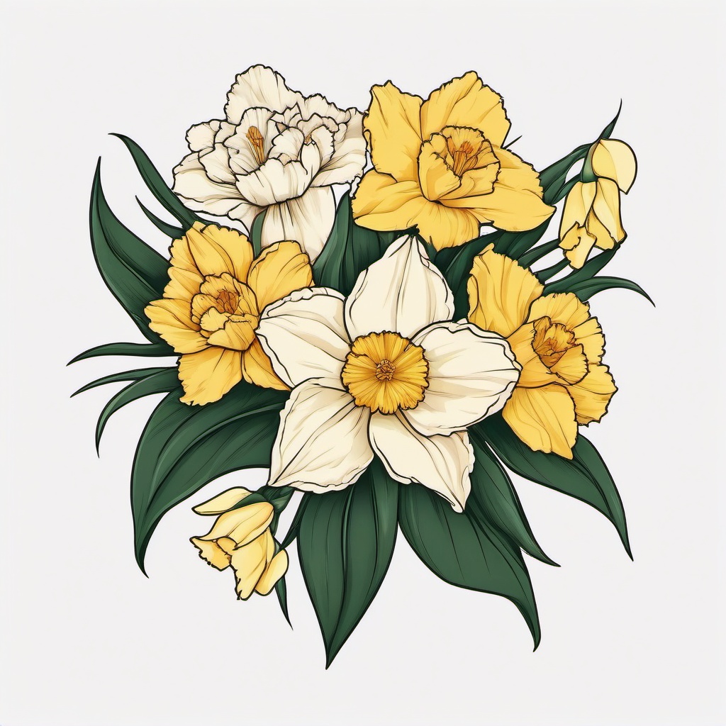 Carnation and Daffodil Tattoo,Carnations and daffodils unite in a charming tattoo symbolizing new beginnings and love.  simple color tattoo,minimal vector art,white background