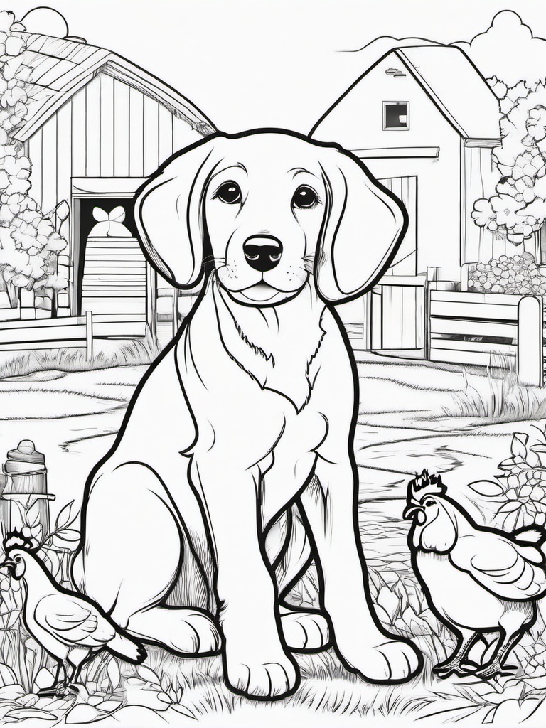 Puppy and Chickens Coloring Pages - Cute Scene with Puppy on a Farm  minimal black outline printable sheet, coloring page