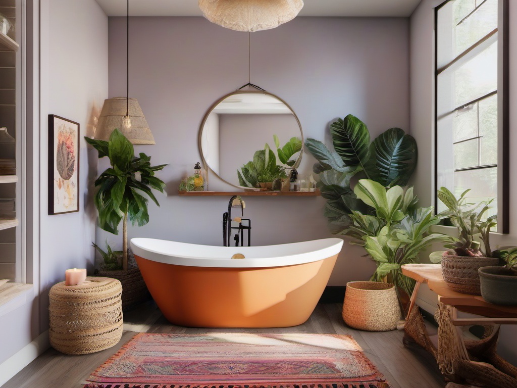 Bohemian bathroom is adorned with colorful textiles, eclectic decor, and potted plants, creating a lively and inviting environment for self-care.  