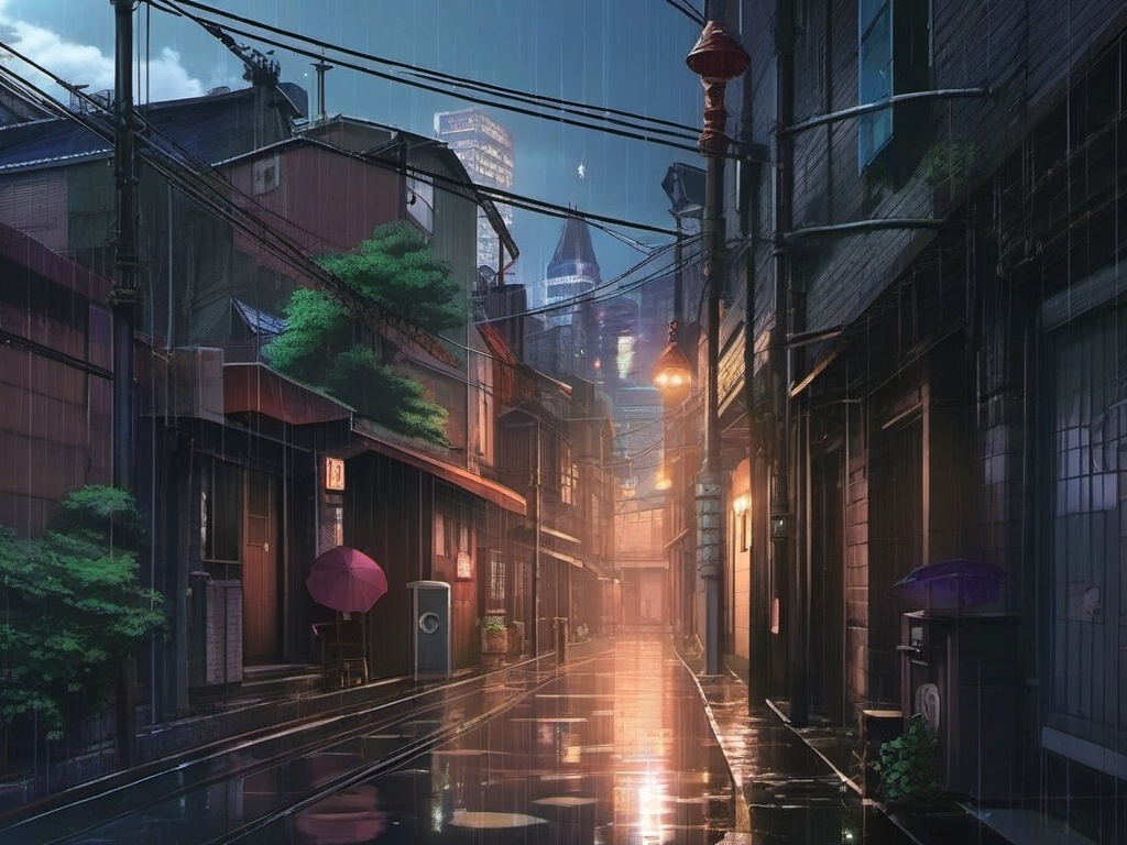 Rainy city alley with clues. anime, wallpaper, background, anime key visual, japanese manga