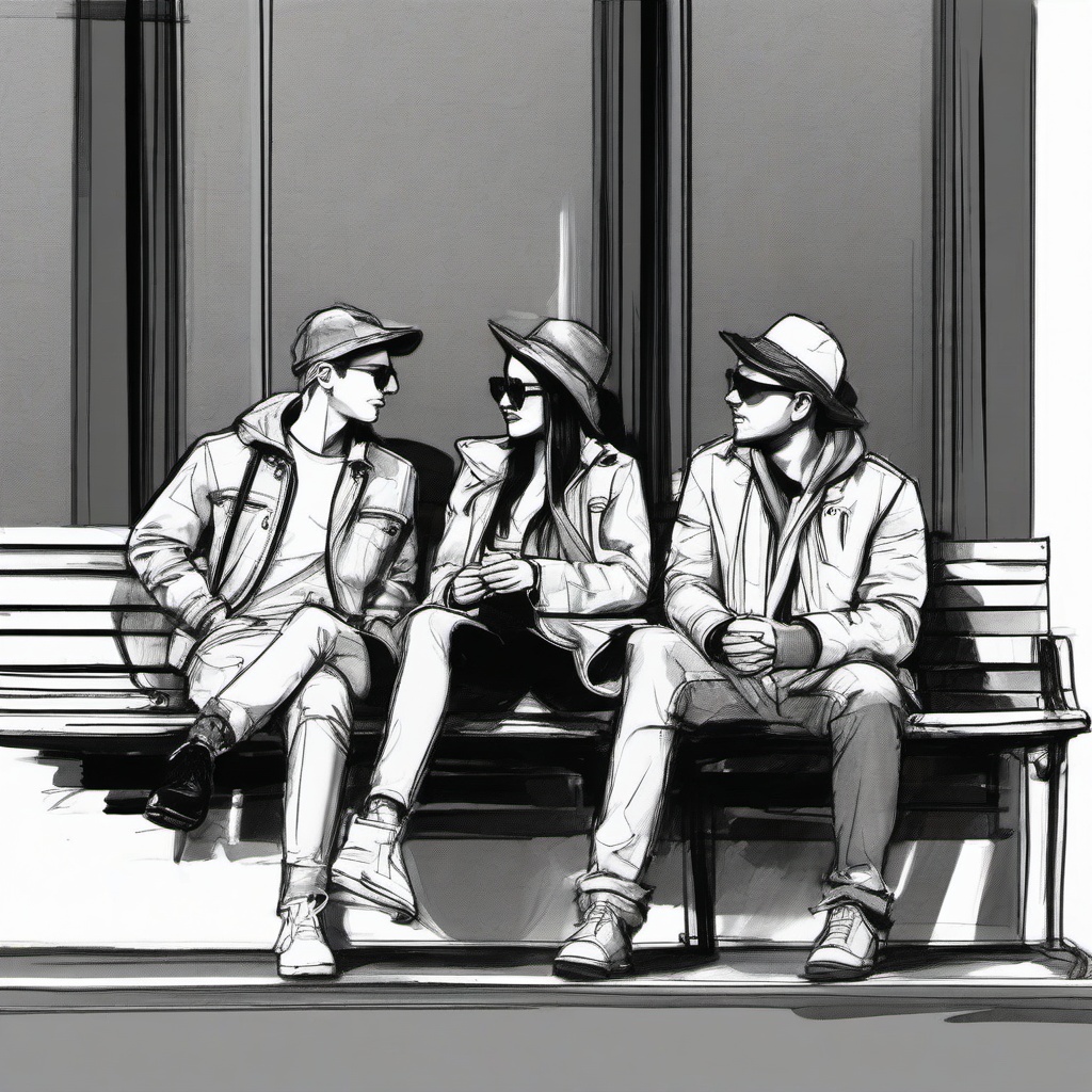 drawing of friends sitting on a bench  minimal rough sketch scribbles,doodles,black and white