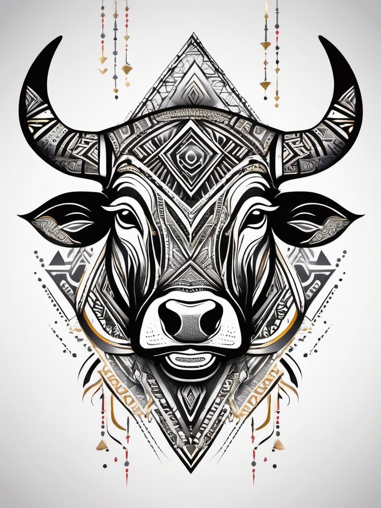 Tribal bull with geometric elements ink. Cultural strength in art.  color tattoo design, white background