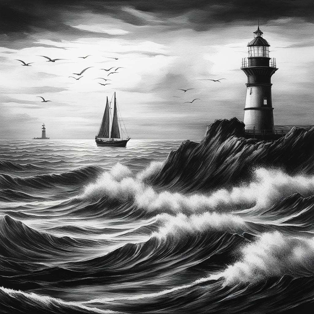 trawler in ocean with storm and lighthouse in background black white ink art , 8k