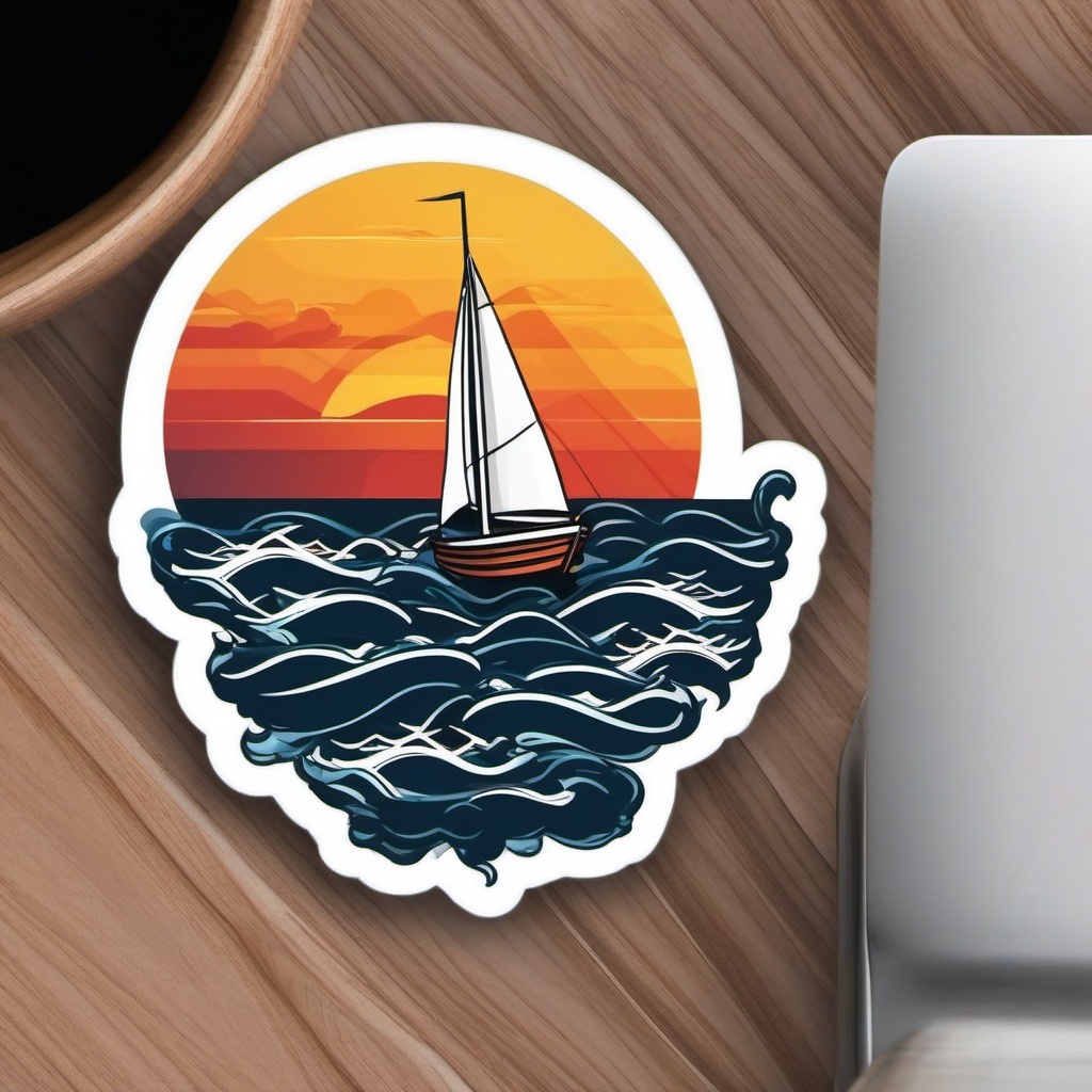 Sailboat in Storm Sticker - Sailboat navigating stormy seas, ,vector color sticker art,minimal