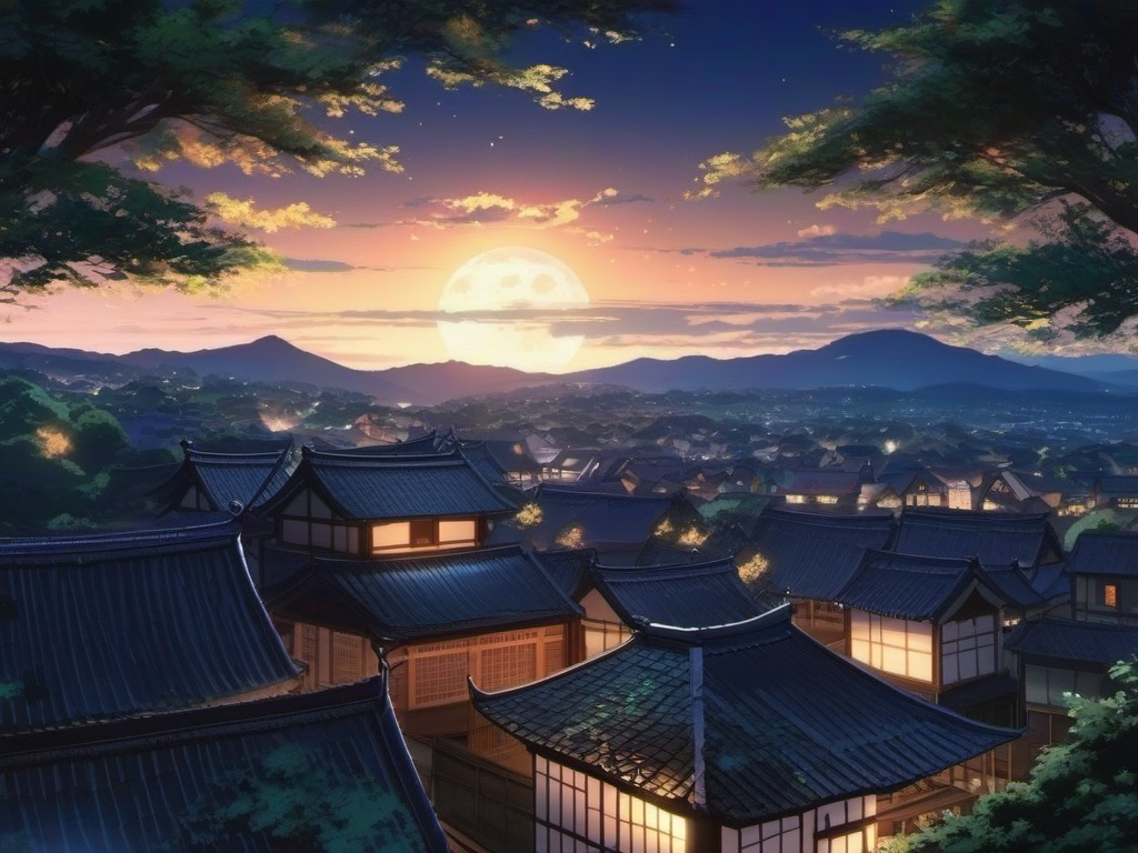 Moonlit village rooftop view. anime, wallpaper, background, anime key visual, japanese manga