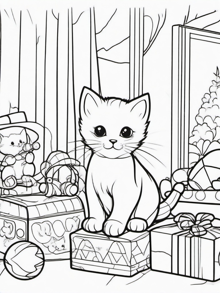 Kitten Playing with Toys Coloring Pages - Fun Scene of Kittens and Toys  minimal black outline printable sheet, coloring page