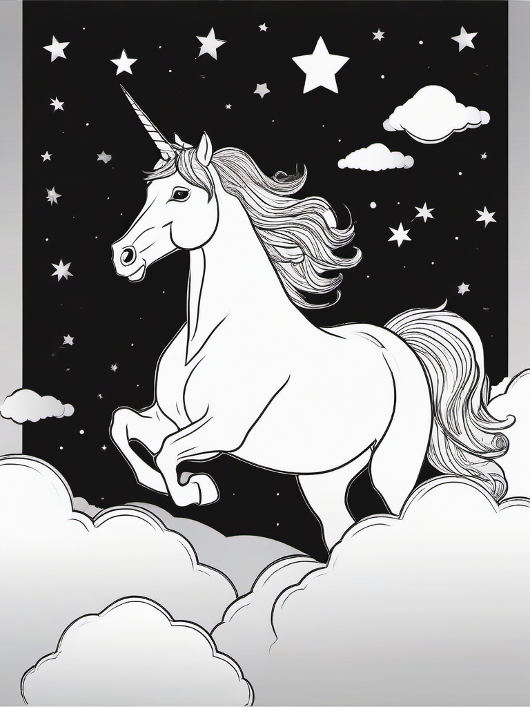 Unicorn on a Cloud Coloring Pages - Floating Fantasy Horse in the Sky  minimal black outline printable sheet, coloring page